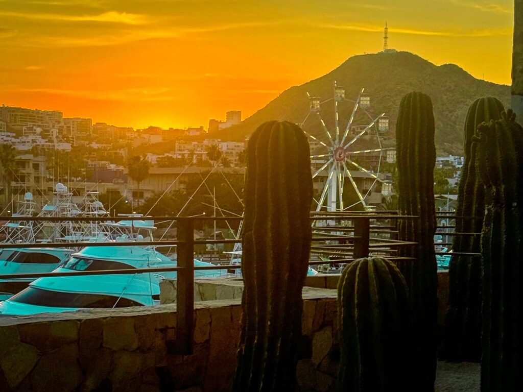 photo of downtown Cabo Mexico with a ferris wheel and boat