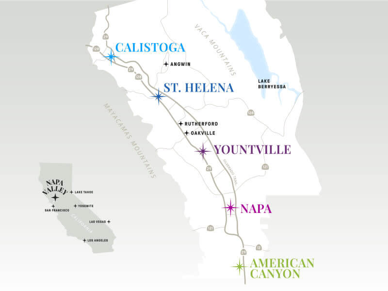 This is map of the different towns in Napa Valley